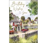 Jonny Javelin Carte d'anniversaire pour homme - Motif pub de campagne et voiture classique - Finition aluminium - Carte d'anniversaire artistique