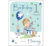 Jonny Javelin Carte de 1er anniversaire pour garçons - Jouets de chambre d'enfant et motif étoile - Finition aluminium et paillettes - Carte de vœux d'anniversaire pour lui