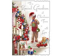 Jonny Javelin Carte de Noël pour petit-fils - Garçon et chaussette festive - Finition en aluminium gaufré et paillettes - Carte de vœux de Noël artistique pour un petit-fils spécial - Pour lui