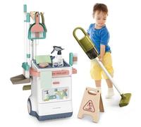 JONRRYIN Chariot de Nettoyage pour Enfants, Ensemble Ménage avec Balai et Aspirateur à Fonction d'Aspiration - pour Enfant de 3 Ans+ (Blanc)