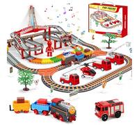JONRRYIN Circuit Train Electrique, 161Pièces Jeu Train Enfant, Pompiers Voiture et Trains, Camion de Pompiers Jouets, Voies Ferrées, Cadeau Éducatif Garçons et Filles 2 3 4 5 6 Ans