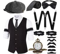 JONRRYIN Costume des années 20 pour homme, accessoires de mafia des années 20 avec gilets et divers accessoires pour Halloween, costume de carnaval (noir, taille L)