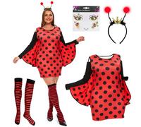 JONRRYIN Deguisement Carnaval Femme Coccinelle, Autocollants pour Visages Colorés, Coccinelle Serre Tête, Robe d'Coccinelle à Manches Longues pour Femme, Costume Cosplay, Carnaval Fête, Halloween (XL)