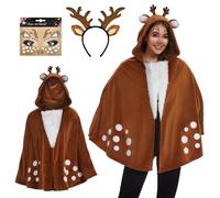 JONRRYIN Déguisement Renne Femme, Costume de Cerf pour Adulte avec Serre-Tête + Tatouages de Visage, Déguisement Animaux Cosplay pour Adultes Costume Carnaval Conte de Fées Noël (Renne-B)