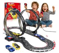 JONRRYIN Piste De Course Voiture Electrique, 2 Voitures, 2 TéLéCommandes, 2 Boucles De 360°, Compteur De Tours, Circuit Voiture Enfant Piste De Course Enfants 6+ Ans (1:64)