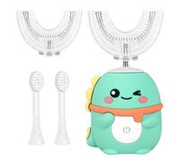 Jonuin Brosse à Dents Électrique en Forme de U pour Enfants, Brosse à Dents à Ultrasons à 360º avec 2 Têtes U en Silicone et 2 Têtes Souples, Étanchéité IPX7, Design Dinosaure, 2-12 Ans (Vert)