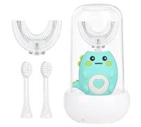 Jonuin Brosse à Dents Électrique en Forme de U pour Enfants, Brosse à Dents à Ultrasons à 360º avec 2 Têtes U en Silicone et 2 Têtes Souples, Tasse Anti-poussière, Design Dinosaure, 2-12 Ans, Vert