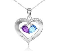 JONZIN Collier Personnalisé Prénom Argent 925 Femme - Pendentif Cœur Gravé 2-4 Noms & Pierre de Naissance - Cadeau Maman Fille Mamie Copine Anniversaire Fête des Mères Saint Valentin Noël (A- Name2)