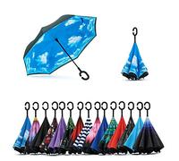 Jooayou Parapluie inversé à double couche, parapluie pliable inversé avec poignée en forme de C, parapluie de voyage coupe-vent anti-UV