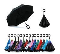 Jooayou Parapluie inversé double couche, poignée C, pliable, anti-UV, coupe-vent, sac de transport
