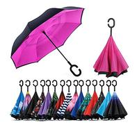 Jooayou Parapluie inversé double couche, poignée en forme de C, pliable à l'envers, parapluie de voyage anti-UV coupe-vent avec sac de transport
