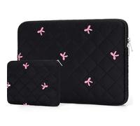 JOOEER Housse Ordinateur 13-14″, nœuds brodés avec sa Pochette, Noir | Matelassé anti-chocs, doublure anti-rayures, tissu hydrofuge, pochette rangement, fin, travail, études et voyages