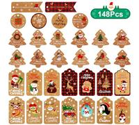 Joogee 148PCS Étiquettes de Cadeau de Noël en Papier Kraft, Étiquettes d'emballage de Cadeau de Noël avec Ficelle pour emballage de cadeaux de Noël, fournitures de fête de Noël