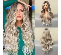 JOOLER Paire de perruques synthétiques longues ondulées pour femme - Blond ombré - 61 cm - Avec racines foncées - Résistante à la chaleur - Aspect naturel