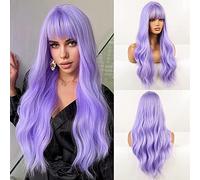 JOOLER Perruque violette avec frange - Perruque synthétique naturelle ondulée avec frange pour femme - Violet clair - Résistante à la chaleur