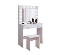 Jooli H Coiffeuse avec Miroir et Tabouret LED, Hollywood Style Table de Maquillage avec 2 Grands tiroirs, 80x40x140cm, Blanc