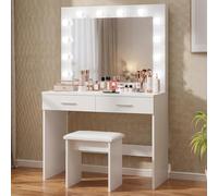 Jooli H Coiffeuse avec Miroir et Tabouret LED, Hollywood Style Table de Maquillage avec 2 Grands tiroirs, 80x40x140cm, Blanc
