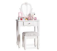 Jooli H Coiffeuse blanche pour enfants avec miroir et tabouret, miroir rabattable en forme de cœur et 3 tiroirs, bureau de maquillage pour filles de 3 à 9 ans
