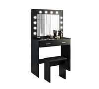 Jooli H Ensemble coiffeuse avec miroir à LED de style Hollywood et 2 grands tiroirs et tabouret