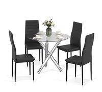 Jooli H Ensemble table et chaises de salle à manger, table ronde et 4 chaises en cuir synthétique avec dossier haut rembourré en mousse - Ensemble moderne pour salle à manger, cuisine, bureau, salon