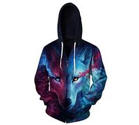 JooMeryer Sweat à capuche décontracté avec fermeture éclair intégrale pour homme Motif loup 3D - Taille M, loup, Small-medium