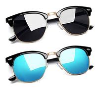 Joopin 2 Pack Rétro Lunettes de Soleil Homme Polarisées Demi-cer UV400 Vintage Lunette de Soleil Femme Classique 2 Pack Noir Brillant et Bleu