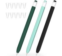 JOOSKO Lot de 3 trousses pour stylet Apple 1ère génération, étui en silicone antidérapant, [avec 10 embouts en silicone] pour Apple Pencil 1ère génération (noir, vert foncé, bleu clair)
