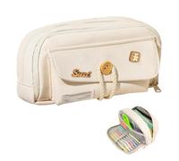 JOOTUEPO Pencil Case, 4 Compartiments et Porte-Stylo intérieur Grande Trousse De Papeterie Trousse De Maquillage avec Tissu en Maille (Crème)