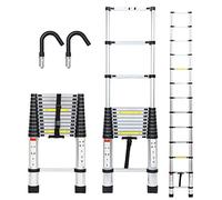 Joparri Échelle télescopique en Aluminium avec Crochets Amovible 3,8 m échelle Extensible antidérapante, Multi-Fonction Ladder Charge 330lbs / 150 kg, Argent