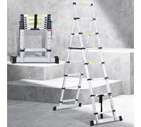 Joparri Échelle télescopique pliante 2,0 m + 2,3 m - Cadre en A - 6 + 7 marches - Charge maximale : 150 kg - Échelle extensible en aluminium pour réparations de toit - Taille pliée : 69 cm