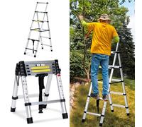 Joparri Échelle télescopique pliante en aluminium - 1,4 m + 1,7 m - Cadre A 4 + 5 marches - Échelle extensible pour réparations de toit - Taille pliée : 62,7 cm - Charge maximale : 150 kg