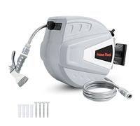 Joparri Enrouleur de tuyau 30m+2m avec douchette et tuyau d'arrosage, Enrouleur de tuyau 180° étrier pivotant, Enroulement automatique, Blocage de n'importe quelle longueur- Gris