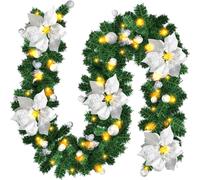 Jopassy 2.7M Noël Girland sapin décoration de Noël avec fleurs rouges lampes de Noël LED belle décoration de vacances pour escaliers, mur, portes In-Out Door Silver