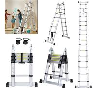 Jopassy Echelle télescopique Echelle pliante Stabil Aluminium Echelle double jusqu'à 150kg 2,5m+2,5m Argent sans crochet Avec stabilisateur Avec roues