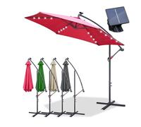 Jopassy Parasol déporté, 350 cm, avec LED solaire, grand, avec support, à manivelle, en aluminium, protection UV, imperméable, pour terrasse, balcon, jardin, rouge, Parasol déporté rouge avec LED,