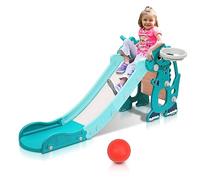 Jopassy Toboggan - Toboggan - Tour de jeu 4 en 1 avec toboggan - Cadre de basket-ball et machine d'apprentissage en anglais - Toboggan pour enfants à partir de 2 ans - Glissière amusante pour