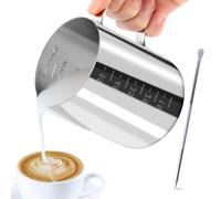 JOPHEK Pot à Lait 304 Acier Inoxydable, Pichet Lait Inox avec Marque de Mesure, Latte Art Pen, Pichet à Lait Gravure Gradué à L'intérieur pour Faire Mousse le Lait, des Capuccinos, des Jus (600ML)