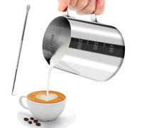 JOPHEK Pot à Lait 304 Acier Inoxydable, Pichet Lait Inox avec Marque de Mesure, Latte Art Pen, Pichet à Lait Gravure Gradué à L'intérieur pour Faire Mousse le Lait, des Capuccinos, des Jus (350ML)
