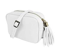 Jophy & Co Sac à bandoulière en cuir véritable avec franges et fermeture éclair pour femme code 5210, Blanc, S