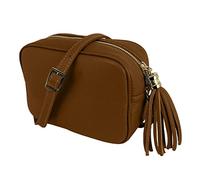 Jophy & Co Sac à bandoulière en cuir véritable avec franges et fermeture éclair pour femme code 5210, Camel, Medium