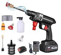 JOPWUE Nettoyeur Haute Pression sans Fil, 5L/Min, 20Bar, Jet Max 10 mètres, Batterie, Tuyau 5M, Pot en Mousse, Lavage et Arrosage de Voiture (B-1 Batterie)