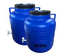 Jordan & Jordan - Lot de 2 x Fût Plastique Alimentaire 60L PEHD - Couvercle à Visser + Robinet de Sortie - Fermentation, Eau, Huiles - Certifié Alimentaire sans BPA