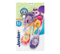 Jordan ® | Step 1 | Brosse à dents pour bébés de 0 à 2 ans | La brosse à dents pour tout-petits avec des poils extra doux & un anneau de morsure doux pour gencives des bébés | Rose & Violet | 4 unités