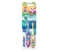 Jordan ® | Step 2 Brosse à dents pour enfants | Brosse à dents pour enfants de 3 à 5 ans | Poils souples, double poignée ergonomique et sans BPA | Couleur Violet et Jaune | Pack 2 unités