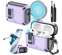 Joremx Coque pour AirPods Pro 2 avec support de téléphone, avec interrupteur à bouton-pression automatique, coque de protection en fibre de carbone pour Airpods Pro 2e/1ère (2023/2022/2019) avec stylo