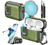 Joremx Coque pour AirPods Pro 2 avec support de téléphone, avec interrupteur à bouton-pression automatique, coque de protection en fibre de carbone pour Airpods Pro 2e/1ère (2023/2022/2019) avec stylo