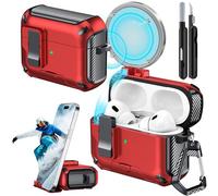 Joremx Coque pour AirPods Pro 2 avec support de téléphone, avec interrupteur à bouton-pression automatique, coque de protection en fibre de carbone pour Airpods Pro 2e/1ère (2023/2022/2019) avec stylo