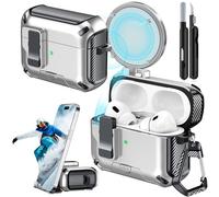 Joremx Coque pour AirPods Pro 2 avec support de téléphone, avec interrupteur à bouton-pression automatique, coque de protection en fibre de carbone pour Airpods Pro 2e/1ère (2023/2022/2019) avec stylo