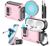 Joremx Coque pour AirPods Pro 2 avec support de téléphone, avec interrupteur à bouton-pression automatique, coque de protection en fibre de carbone pour Airpods Pro 2e/1ère (2023/2022/2019) avec stylo