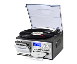 JORLAI 9 en 1 Platine Vinyle 3 Vitesses avec télécommande, Tourne-Disque Vinyle Bluetooth avec Haut-parleurs intégrés CD/Cassette Radio AM/FM USB/SD/MMC 3.5mm Aux-in/RCA-Out, Noir
